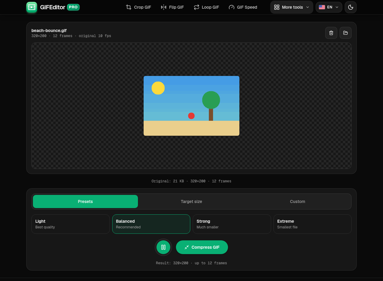 The compressor with a GIF loaded, showing the preview, the compression modes and the Compress GIF button