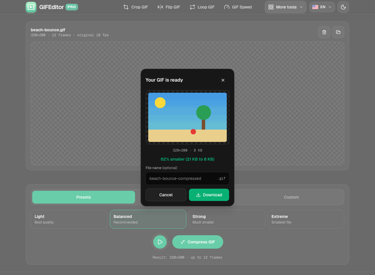 The Your GIF is ready dialog with a preview, the new file size and a Download button