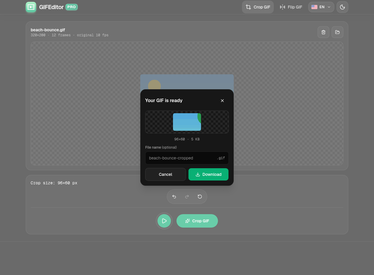 The Your GIF is ready dialog with a preview of the cropped GIF, its size, a file name field and a Download button