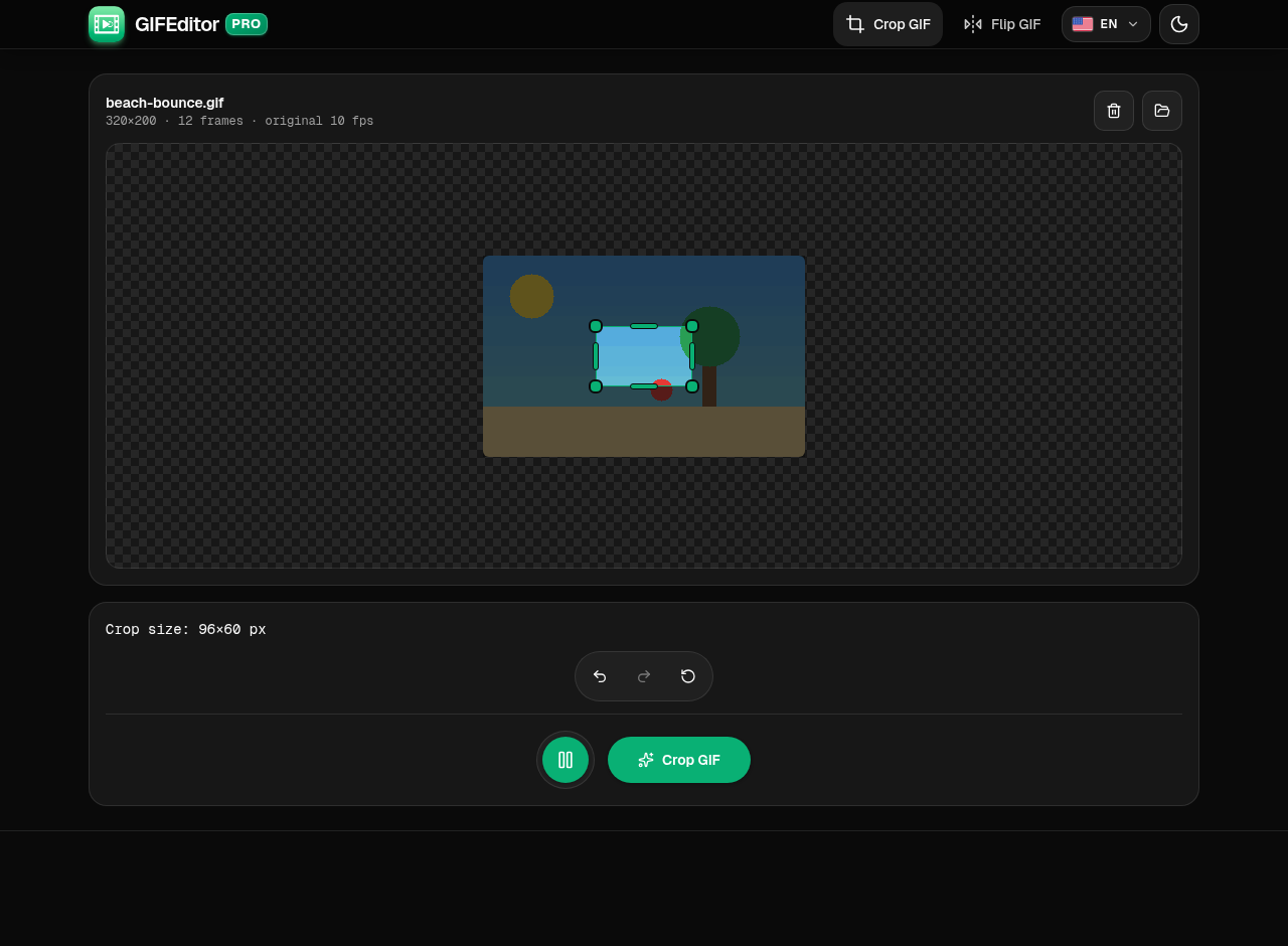 The GIF cropper with a GIF loaded, showing the crop box over the preview, the crop size, the undo, redo and reset buttons, a Play button and the Crop GIF button