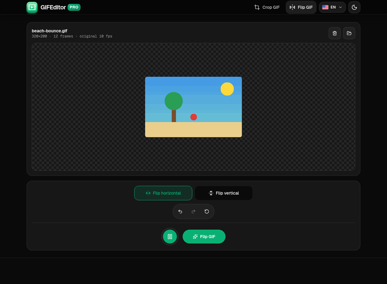 The GIF flipper with a GIF loaded, showing the flip horizontal and flip vertical buttons, the undo, redo and reset buttons, a Play button and the Flip GIF button