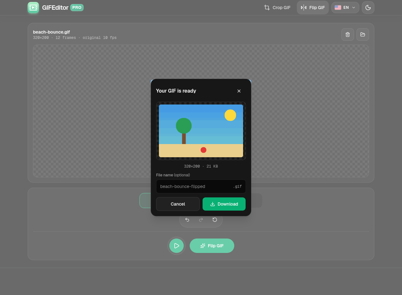 The Your GIF is ready dialog with a preview of the flipped GIF, its size, a file name field and a Download button