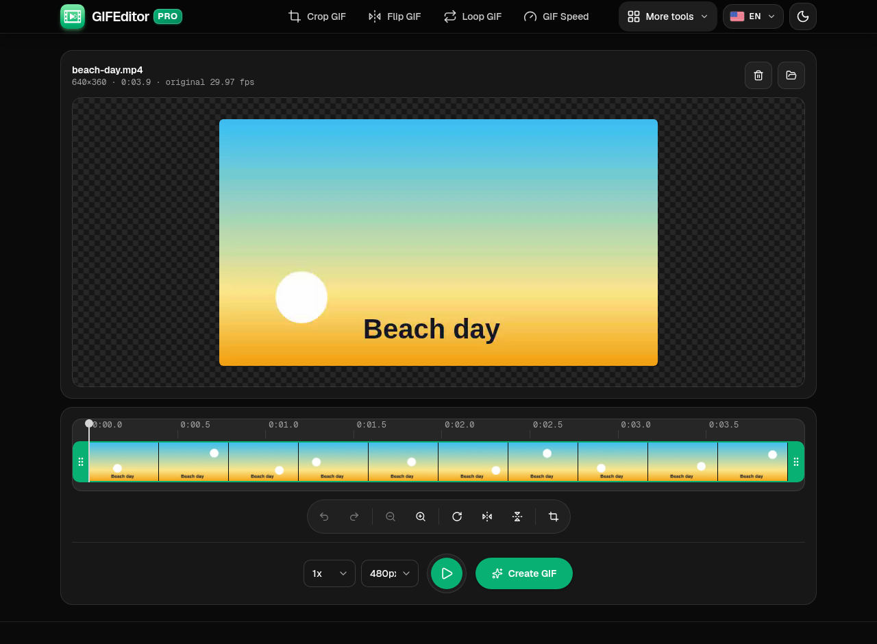 El editor de MP4 a GIF con un video cargado, que muestra la vista previa, la línea de tiempo con los controles de inicio y fin, las opciones de velocidad y tamaño y el botón Crear GIF