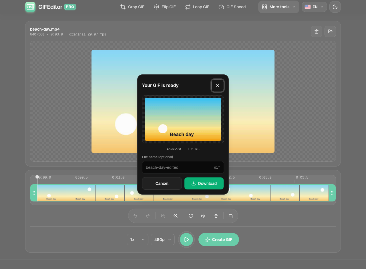 El cuadro Tu GIF está listo con la vista previa del GIF, su tamaño, un campo para el nombre del archivo y un botón Descargar