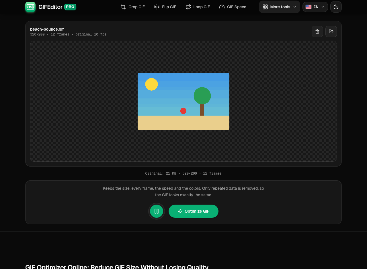 El optimizador con un GIF cargado, con la vista previa y el botón Optimizar GIF