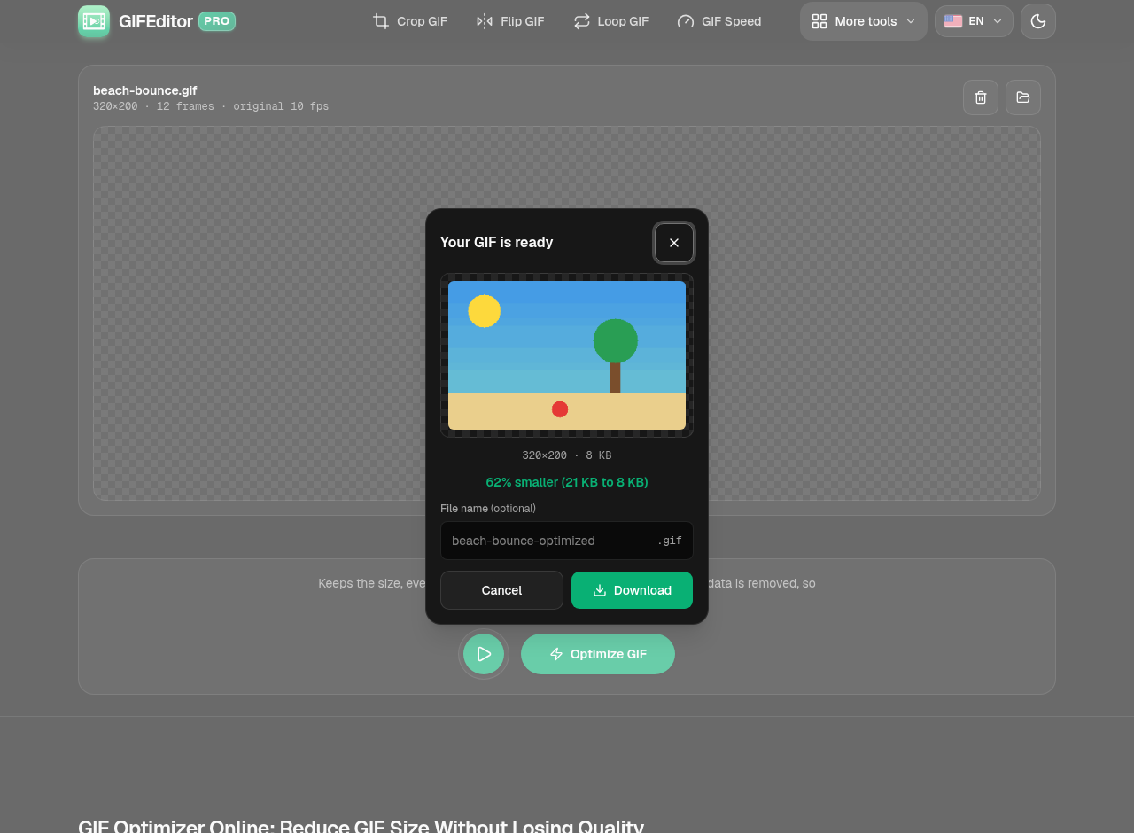 El cuadro Tu GIF está listo con la vista previa, el nuevo peso del archivo y el botón Descargar