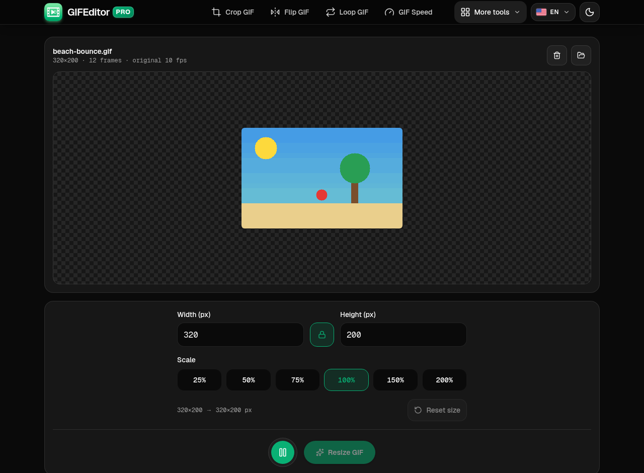 The GIF resizer with a GIF loaded, showing the width and height fields, the lock button, the scale buttons, a Play button and the Resize GIF button