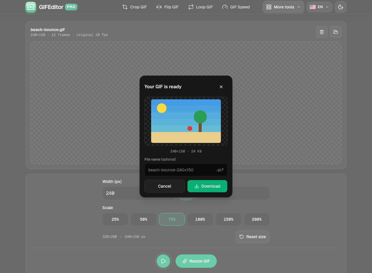 The Your GIF is ready dialog with a preview of the resized GIF, its size, a file name field and a Download button