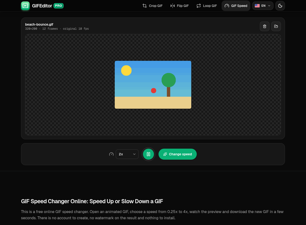 The GIF speed changer with a GIF loaded, showing the speed menu, the Play button and the Change speed button