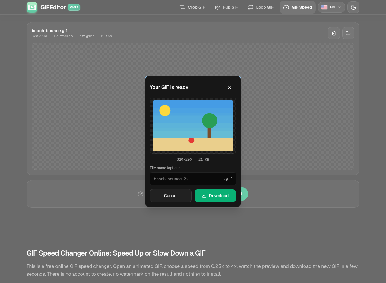 The Your GIF is ready dialog with a preview of the new GIF, its size, a file name field and a Download button