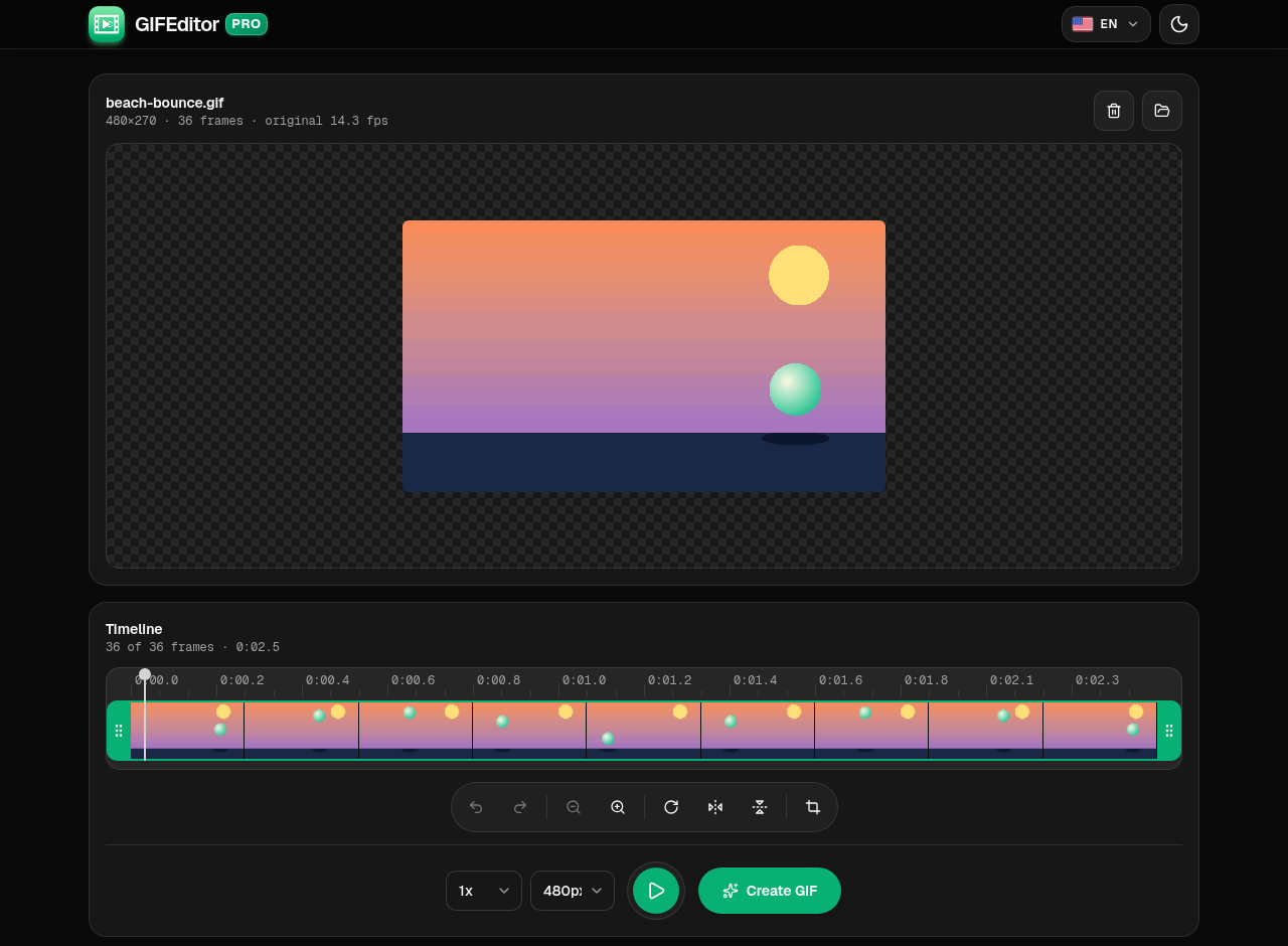 The editor with a GIF loaded, showing the preview, the frame timeline, the tool buttons and the export controls