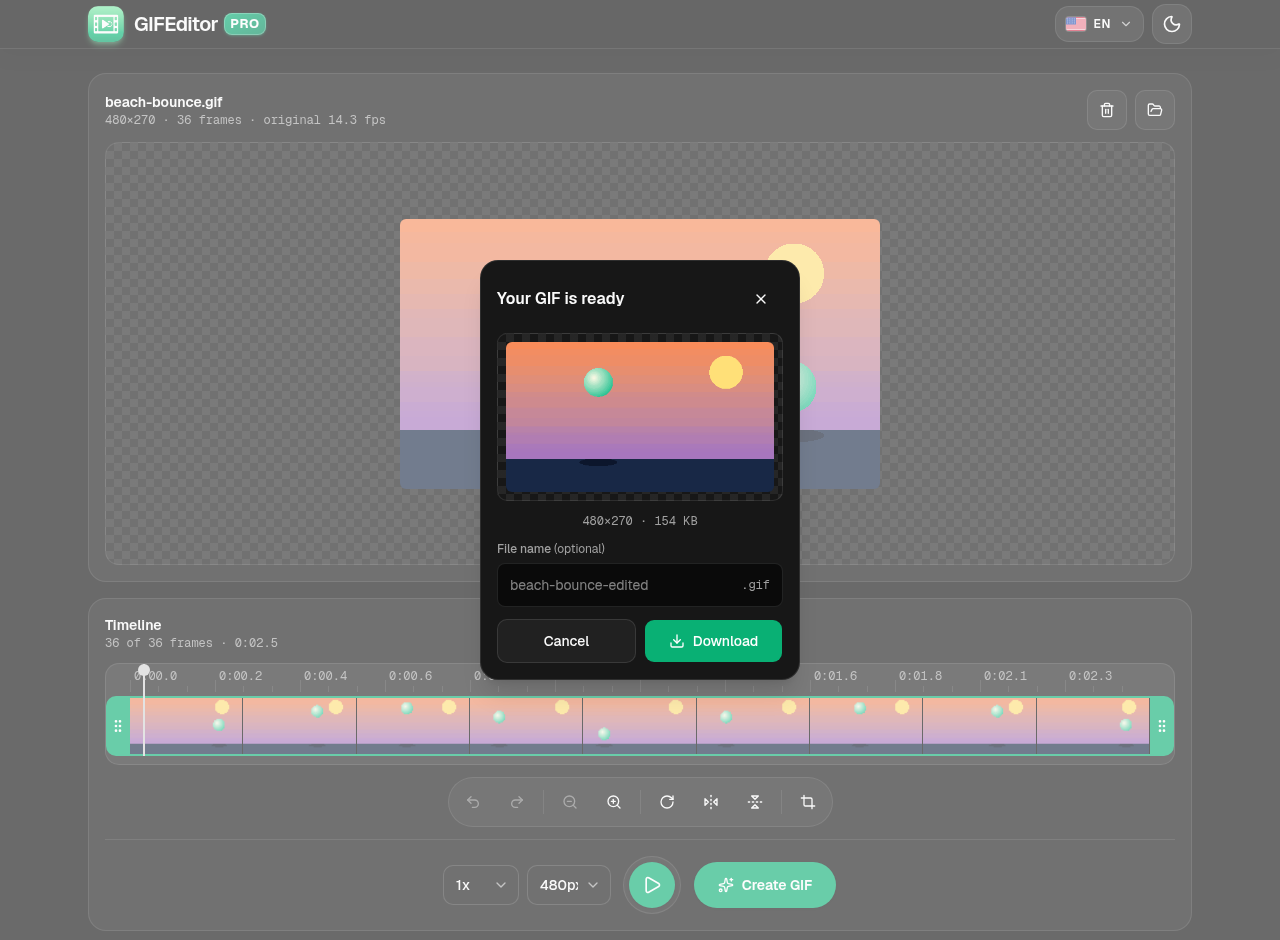 The Your GIF is ready dialog with a preview, the file size, a file name field and a Download button