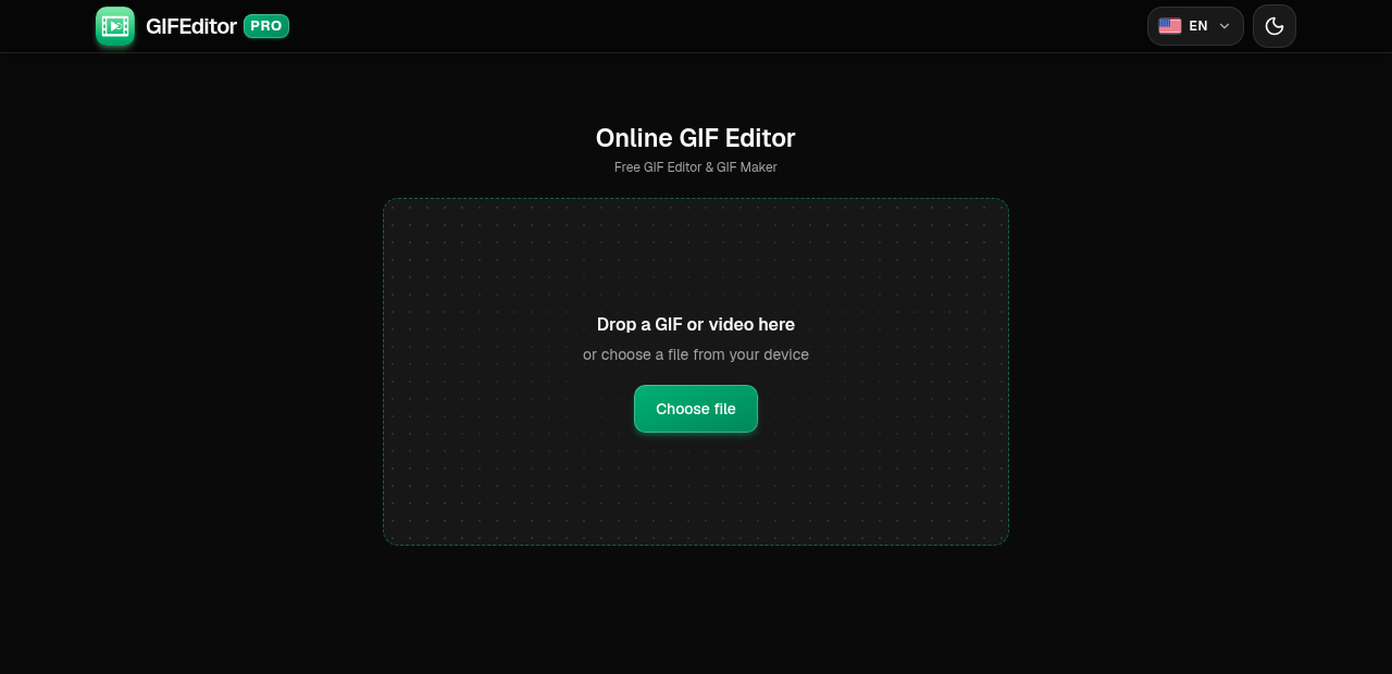 The GIFEditor Pro start screen with a drop area and a Choose file button