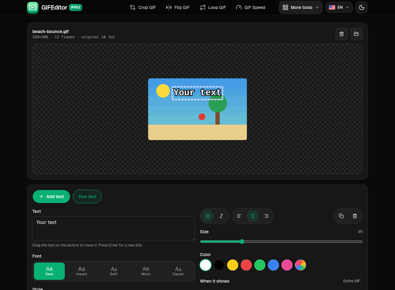 The editor with a GIF loaded, a caption on the preview and the text controls below it