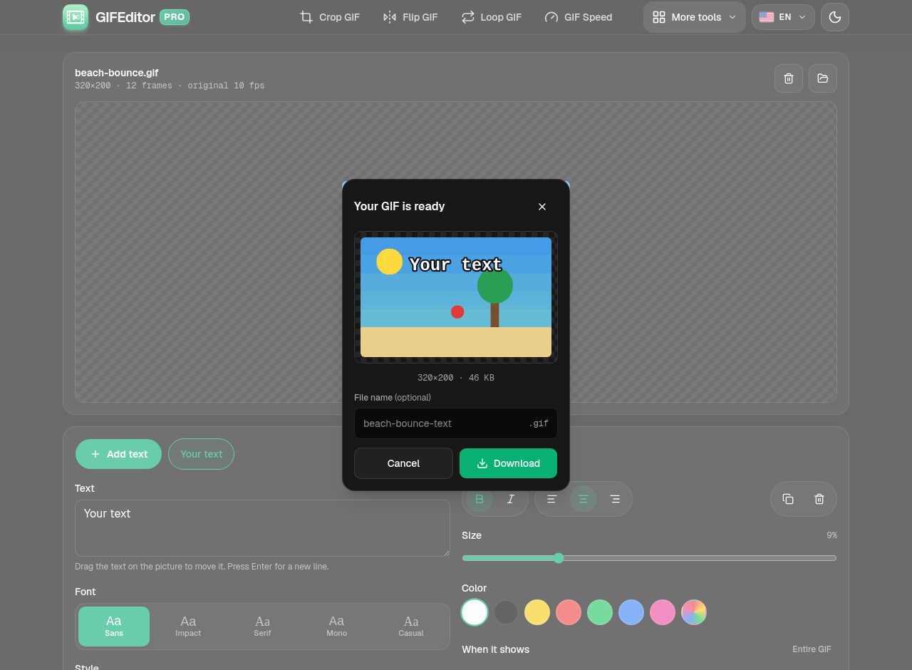 The Your GIF is ready dialog with a preview, the file size and a Download button